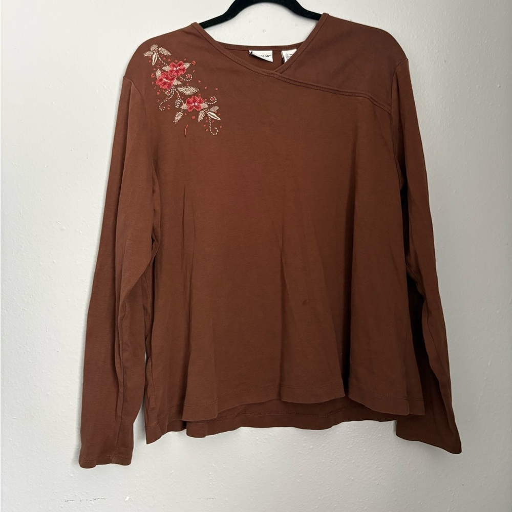 Covington Brown Floral Embroidered Long Sleeve Top